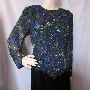 SALE Sparkly Special Event Beaded Top Swirly Blue Green Black